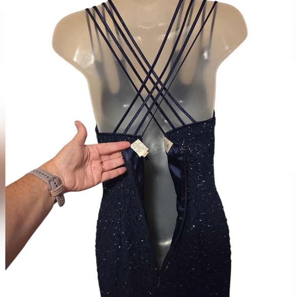 *rare* Scala Vintage Silk Sequin Formal Maxi Gown Dress Blue Spaghetti Sz Large - Picture 6 of 12